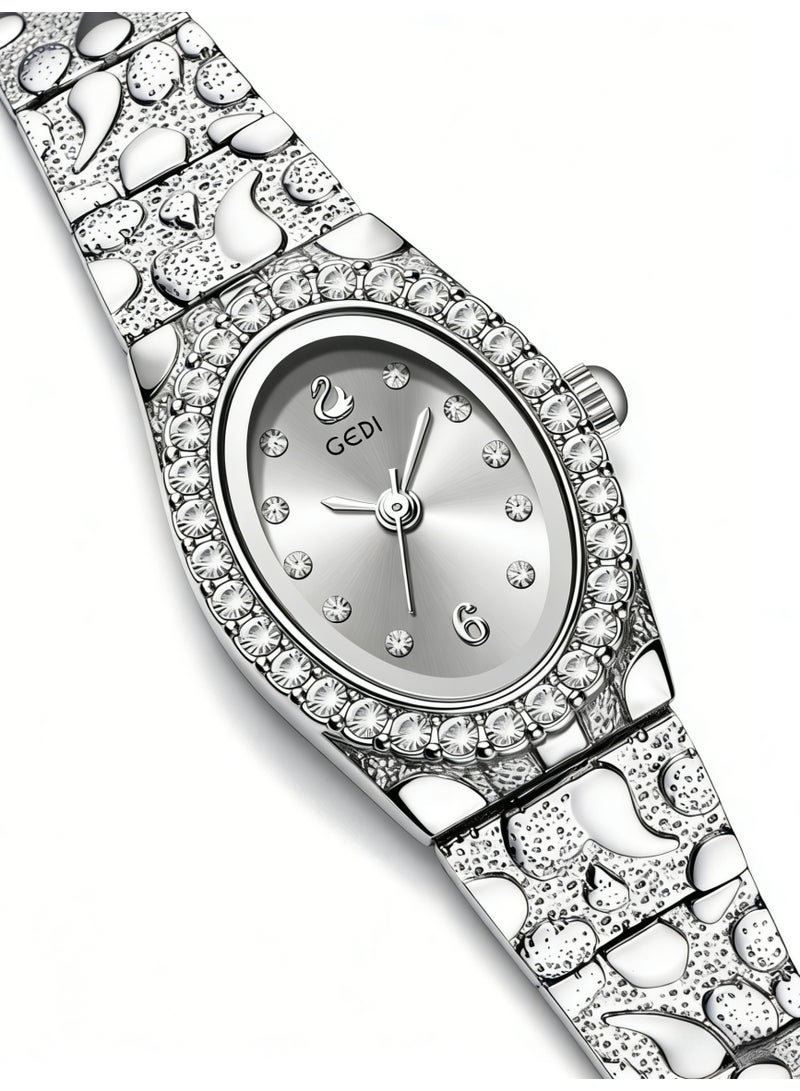جدي GEDI Luxury Silver Women's Watch - Oval Crystal-Encrusted Dial Stainless Steel Bracelet, Elegant Ladies Quartz Wristwatch for Daily & Formal Wear - Image 5