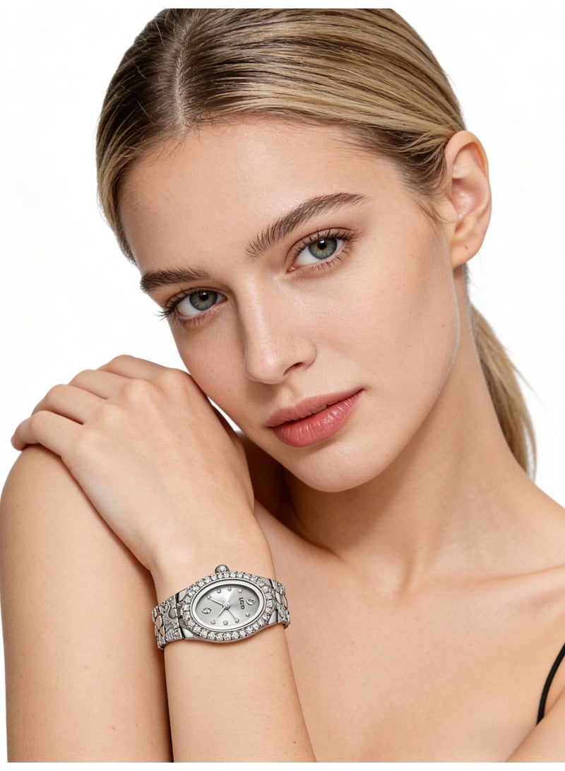 جدي GEDI Luxury Silver Women's Watch - Oval Crystal-Encrusted Dial Stainless Steel Bracelet, Elegant Ladies Quartz Wristwatch for Daily & Formal Wear - Image 3