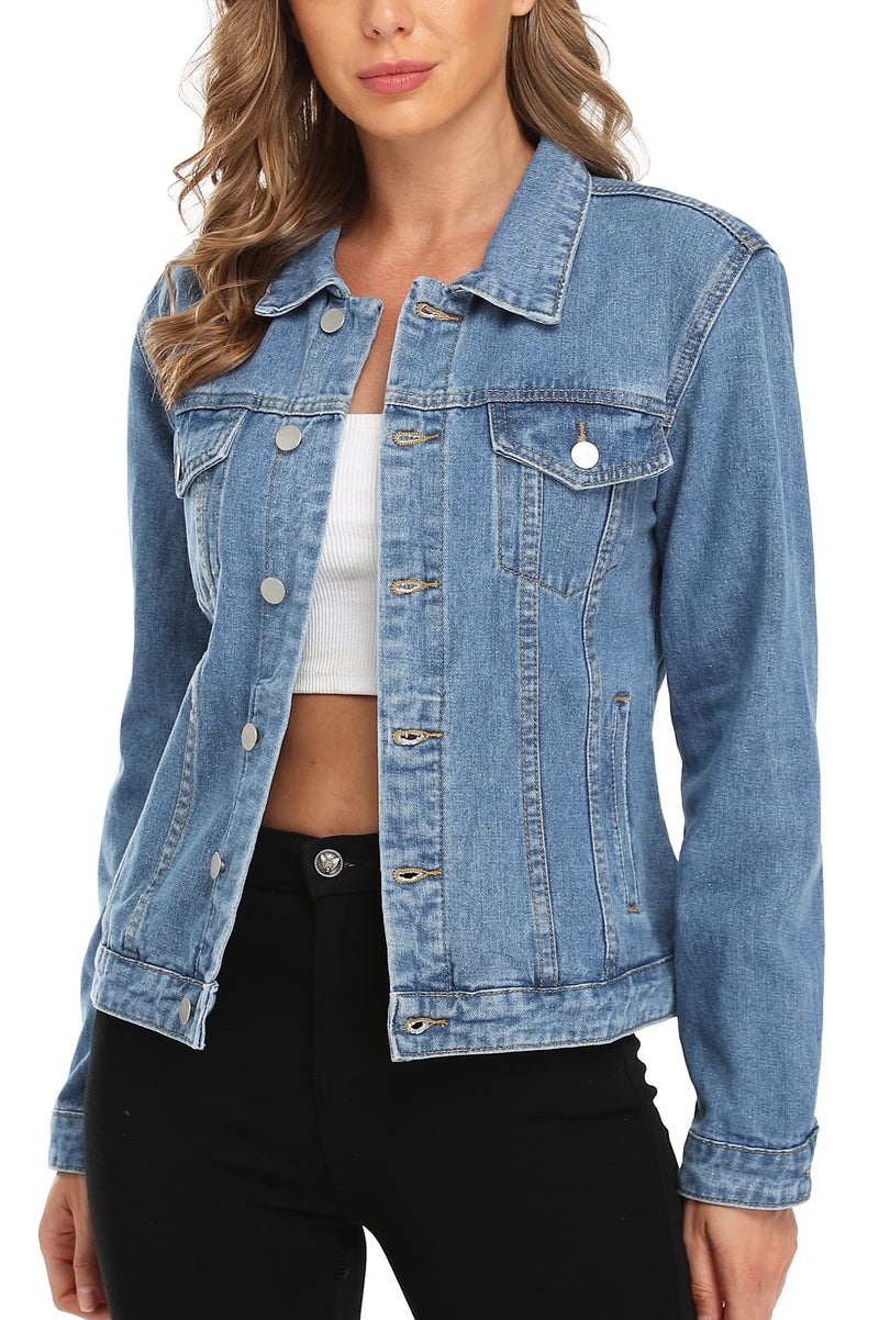 MISS MOLY Women's Denim Jacket Button Up Long Sleeve Basic Trendy Jean Jacket Coat with Pockets mid Blue L - Image 4
