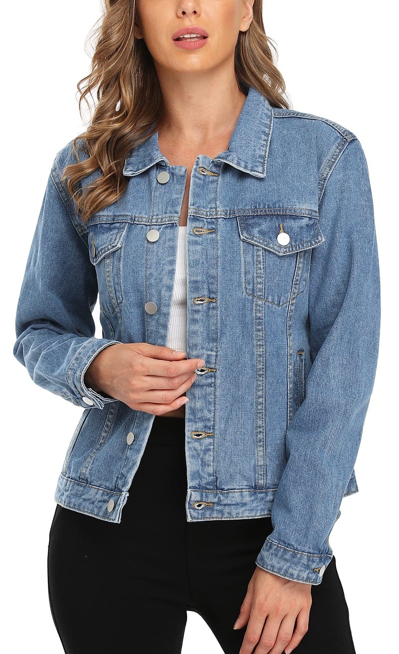 MISS MOLY Women's Denim Jacket Button Up Long Sleeve Basic Trendy Jean Jacket Coat with Pockets mid Blue L - Image 3
