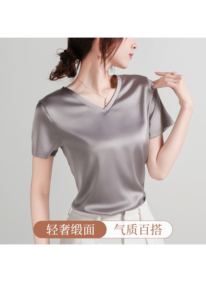 Moonbadi Light Luxury Satin V-Neck Base Layer T-Shirt Short Sleeve Top For Women, Thin And Slimming, Can Be Worn Alone - Image 2
