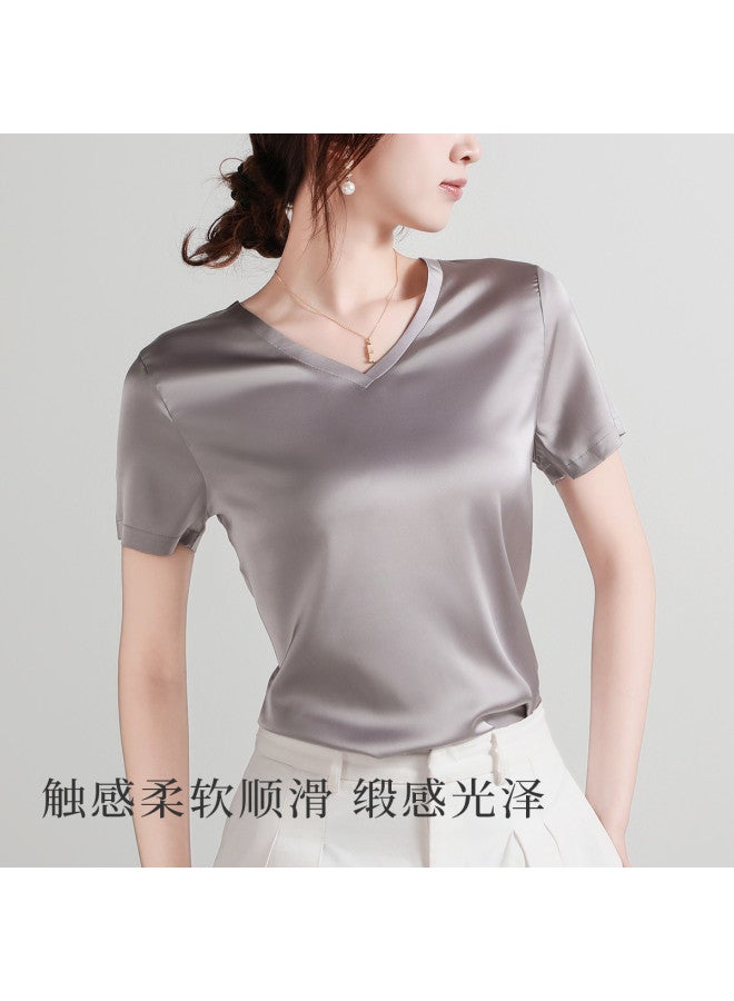 Moonbadi Light Luxury Satin V-Neck Base Layer T-Shirt Short Sleeve Top For Women, Thin And Slimming, Can Be Worn Alone - Image 5
