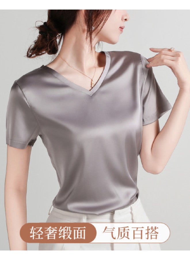 Moonbadi Light Luxury Satin V-Neck Base Layer T-Shirt Short Sleeve Top For Women, Thin And Slimming, Can Be Worn Alone - Image 1