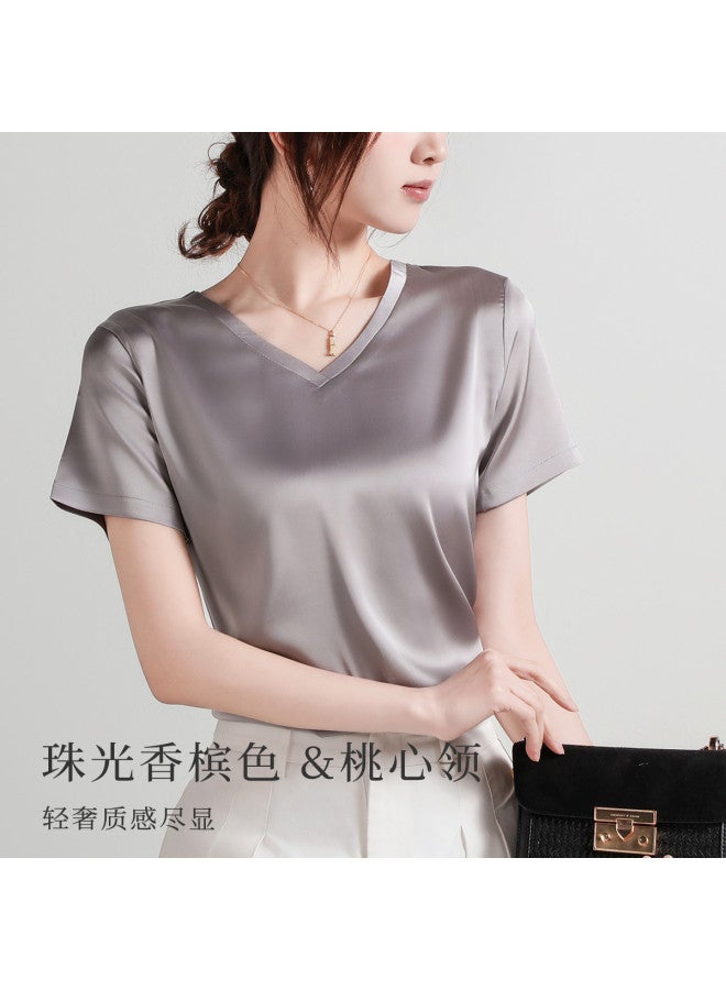 Moonbadi Light Luxury Satin V-Neck Base Layer T-Shirt Short Sleeve Top For Women, Thin And Slimming, Can Be Worn Alone - Image 4