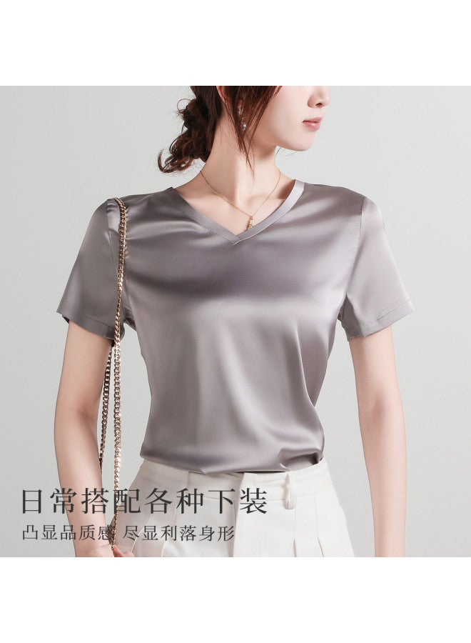 Moonbadi Light Luxury Satin V-Neck Base Layer T-Shirt Short Sleeve Top For Women, Thin And Slimming, Can Be Worn Alone - Image 3
