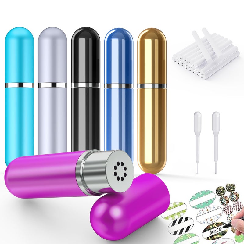 Lulupaxton 6 عبوات استنشاق الأنف للعلاج بالروائح مع زيوت أساسية قابلة لإعادة الاستخدام محمولة من الألمنيوم مع 2 قطارة صغيرة و 24 فتيلة قطنية و 24 ملصق قابل للكتابة - Image 1