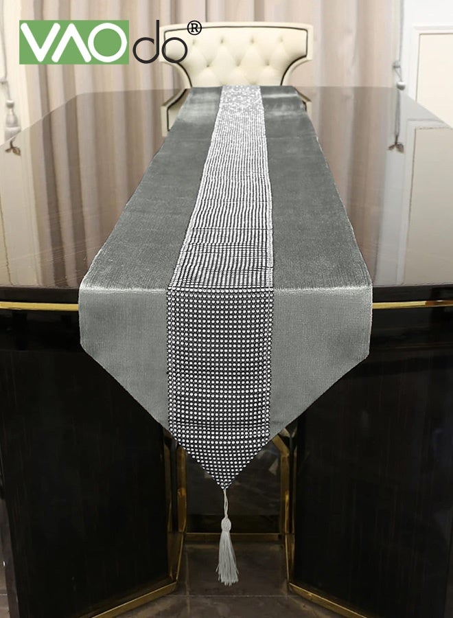 فاو دو مفرش مائدة بشريط ماسي وشرابات باللون البيج، مفرش مائدة لحفل زفاف وحفل زفاف وحفل عيد ميلاد، ديكور مائدة 32*210 سم - Image 2