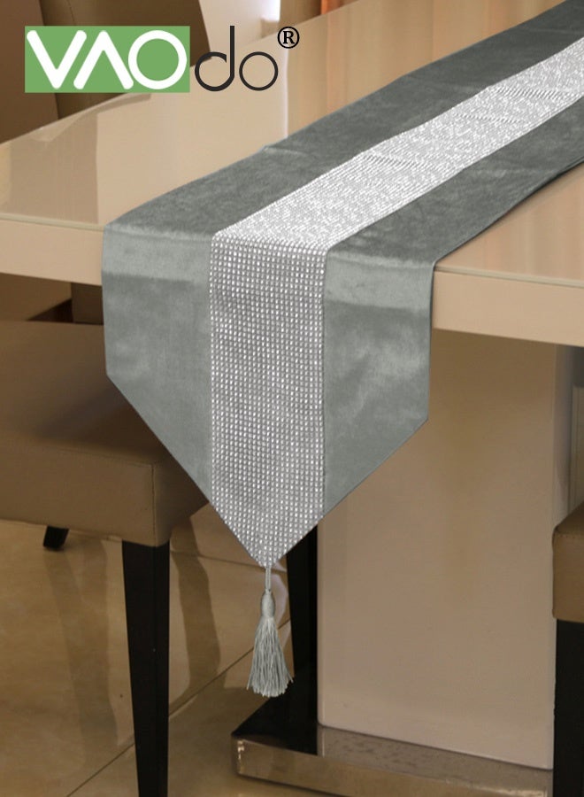 فاو دو مفرش مائدة بشريط ماسي وشرابات باللون البيج، مفرش مائدة لحفل زفاف وحفل زفاف وحفل عيد ميلاد، ديكور مائدة 32*210 سم - Image 1