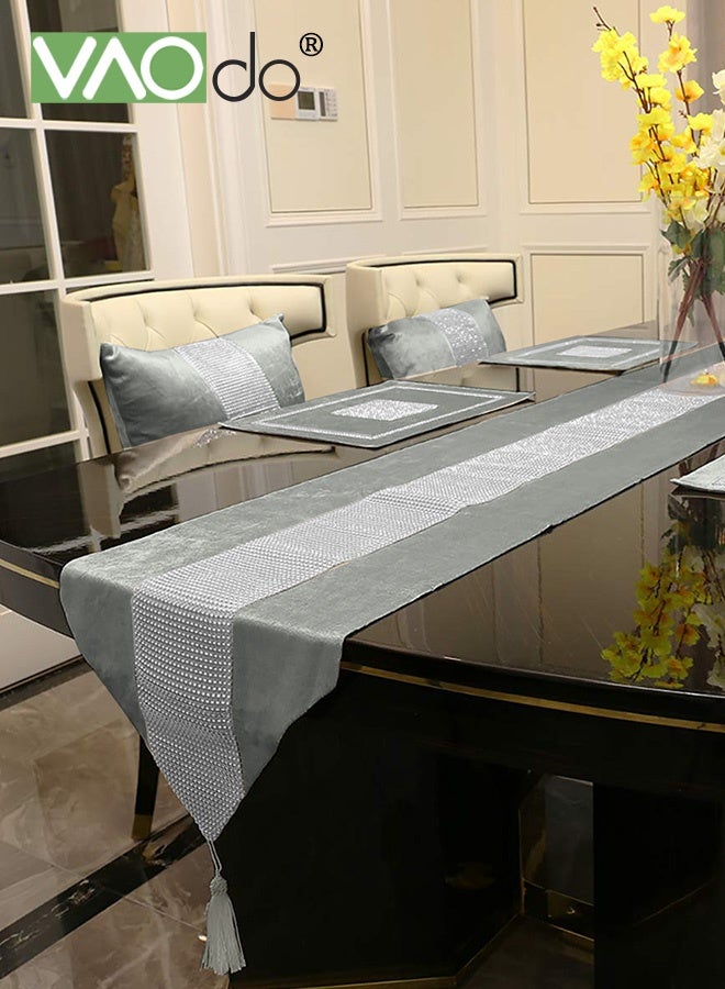 فاو دو مفرش مائدة بشريط ماسي وشرابات باللون البيج، مفرش مائدة لحفل زفاف وحفل زفاف وحفل عيد ميلاد، ديكور مائدة 32*210 سم - Image 3