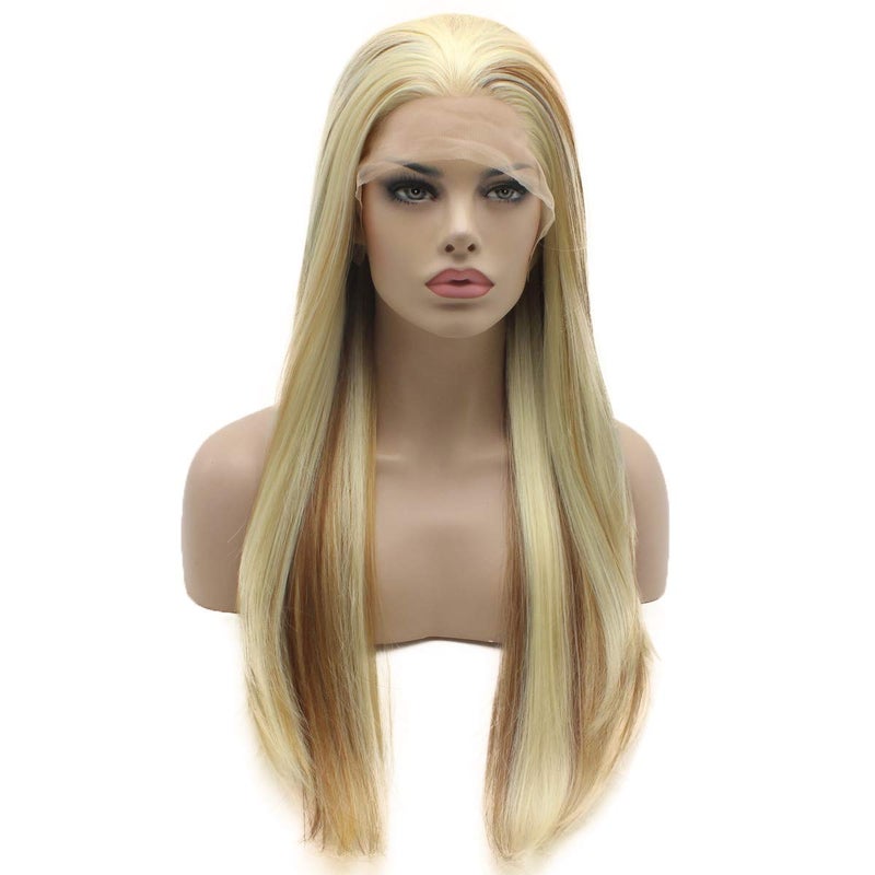 Lushy Straight Long 24inch Silk Three Tone Auburn Blonde Mix Heat Friendly Heavy Density Synthetic Lace Front Wig