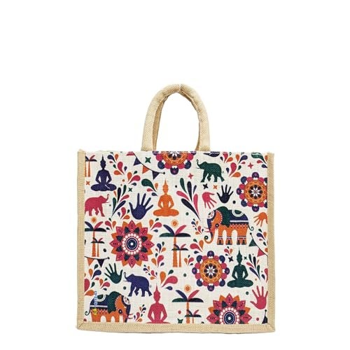 Sangra Multicolor Jute bag for Women and Men Lunch Bag with Zip and Handle (Elephant Buddha) - Image 1