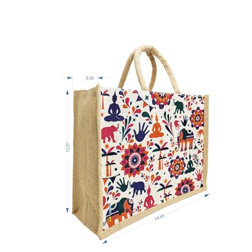 Sangra Multicolor Jute bag for Women and Men Lunch Bag with Zip and Handle (Elephant Buddha) - Image 3