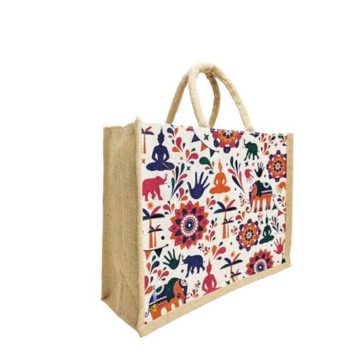 Sangra Multicolor Jute bag for Women and Men Lunch Bag with Zip and Handle (Elephant Buddha) - Image 2