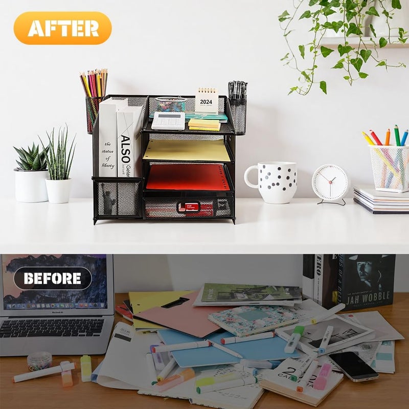 HASTHIP Metal Mesh Desk Organizer with Multiple Compartments, Drawer &Pen Holder Basket, Office Desk Storage Organizer for Books, Notebooks, Stationery & Supplies - Image 4