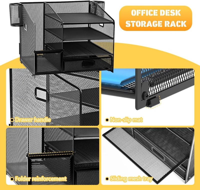 HASTHIP Metal Mesh Desk Organizer with Multiple Compartments, Drawer &Pen Holder Basket, Office Desk Storage Organizer for Books, Notebooks, Stationery & Supplies - Image 3
