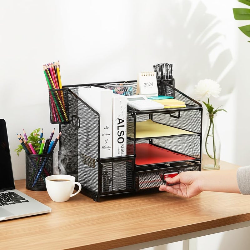 HASTHIP Metal Mesh Desk Organizer with Multiple Compartments, Drawer &Pen Holder Basket, Office Desk Storage Organizer for Books, Notebooks, Stationery & Supplies - Image 5