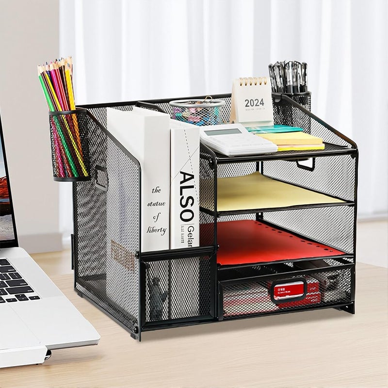 HASTHIP Metal Mesh Desk Organizer with Multiple Compartments, Drawer &Pen Holder Basket, Office Desk Storage Organizer for Books, Notebooks, Stationery & Supplies - Image 1