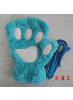 2023 cat claw gloves girls open finger gloves winter cute cartoon cat thickened fluffy bear palm half finger gloves Blue Peacock bear paw gloves