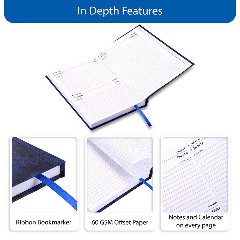 FIS 2026 A5 Agenda Diary, 148x210mm Size, Hard Cover Vinyl, 1 Day a Page with Thursday & Friday Combined, Right to Open, Arabic/English, 60gsm White Paper, Blue Cover-FSDI90AER26BL - Image 5
