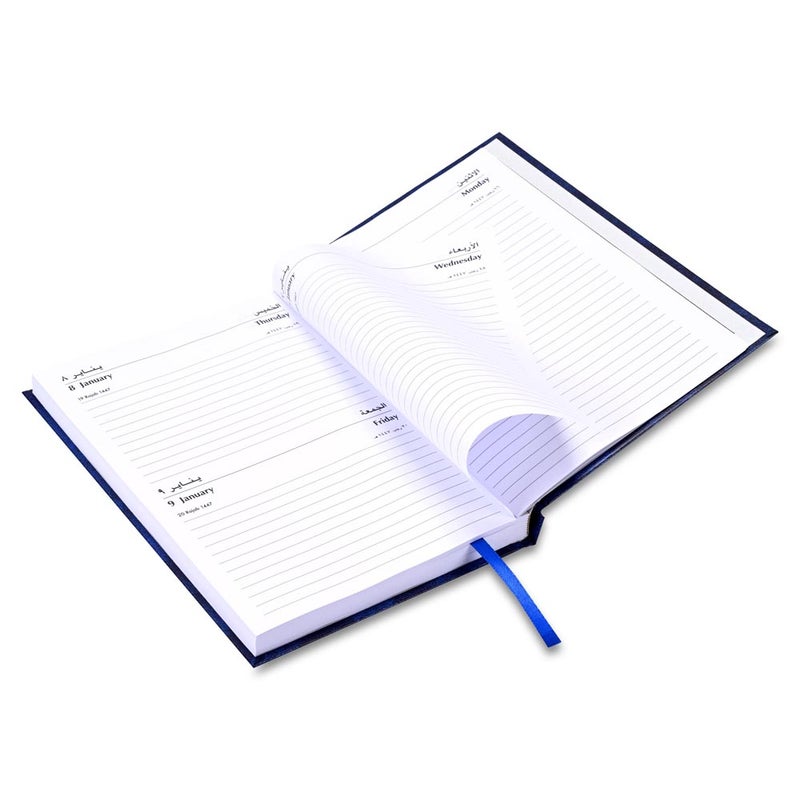 FIS 2026 A5 Agenda Diary, 148x210mm Size, Hard Cover Vinyl, 1 Day a Page with Thursday & Friday Combined, Right to Open, Arabic/English, 60gsm White Paper, Blue Cover-FSDI90AER26BL - Image 4
