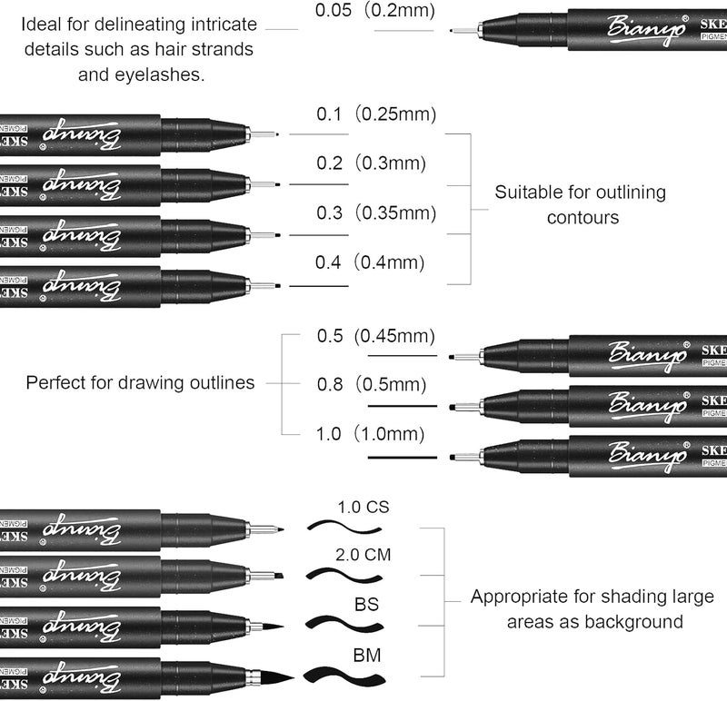 Bianyo Black Micro-Pen Fineliner Ink Pens, Water Resistant Archival Ink Pens for Watercolor Paint, Designing by Art Marker, Comics, Lettering, Journals, Illustration, Graphics, Sketching, Set of 9 - Image 2
