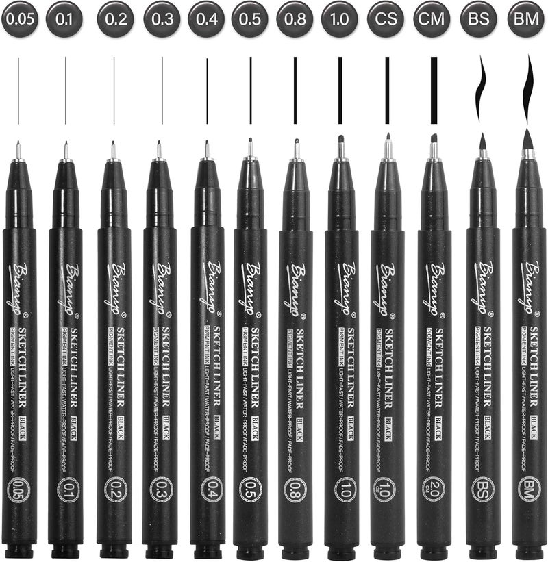 Bianyo Black Micro-Pen Fineliner Ink Pens, Water Resistant Archival Ink Pens for Watercolor Paint, Designing by Art Marker, Comics, Lettering, Journals, Illustration, Graphics, Sketching, Set of 9 - Image 1
