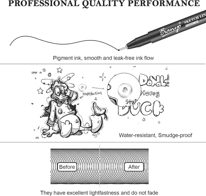 Bianyo Black Micro-Pen Fineliner Ink Pens, Water Resistant Archival Ink Pens for Watercolor Paint, Designing by Art Marker, Comics, Lettering, Journals, Illustration, Graphics, Sketching, Set of 9 - Image 4