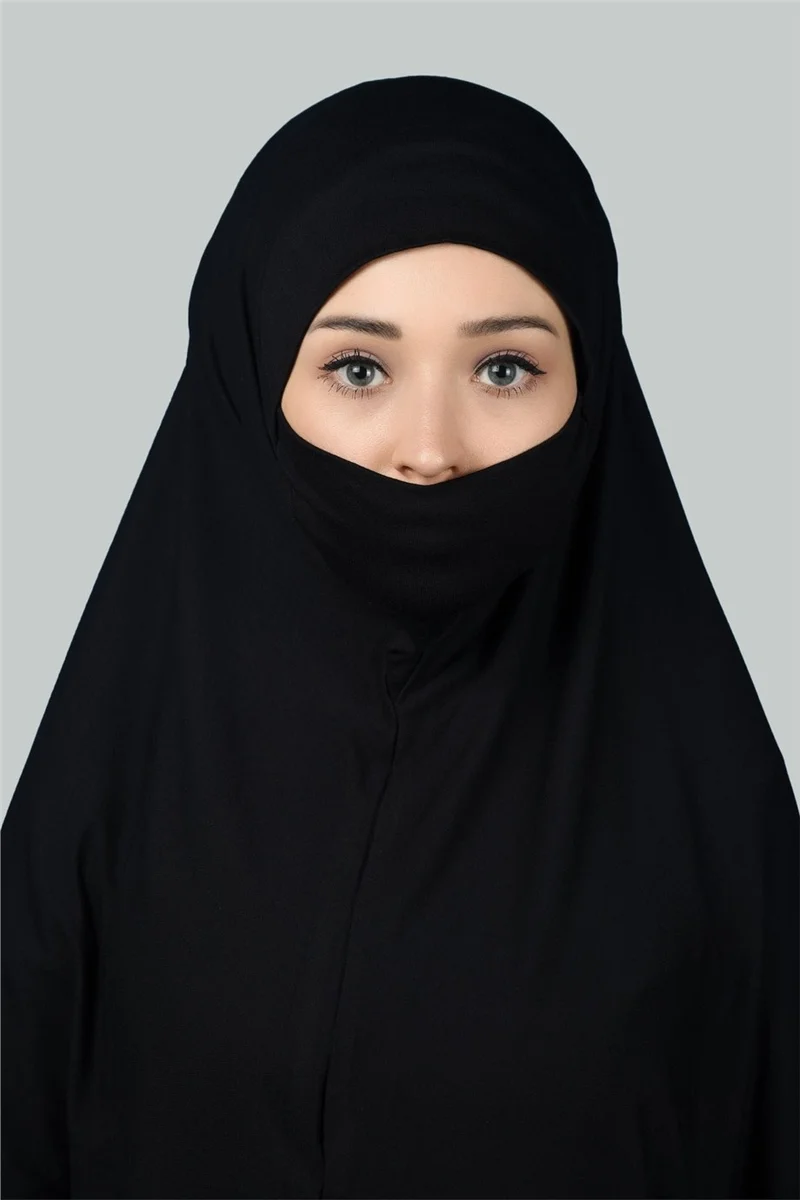 التوبة Ready-made Turban Practical Scarf with Veil Hijab with Nikap - Prayer Cover Soufflé (3Xl) - Black
