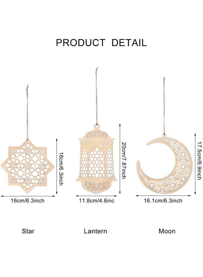 تشيلور ١٢ قطعة من زينة رمضان، زينة عيد مبارك خشبية مجوفة، زينة رمضان معلقة على شكل فانوس قمري، زينة على شكل نجمة، مناسبة لديكور طاولة غرفة المنزل أو المنزل الإسلامي. - Image 2
