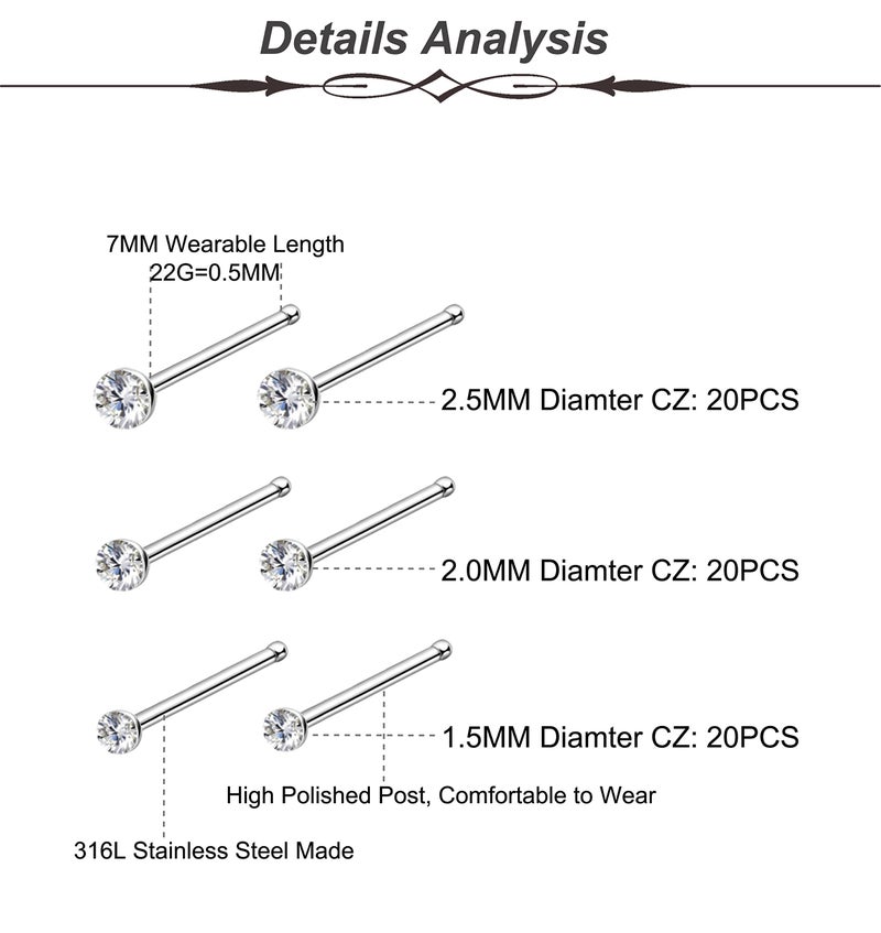 REVOLIA 60-120Pcs 22G 316L Stainless Steel Nose Studs Rings Piercing Body Jewelry 1.5-2.5mm S - Image 4