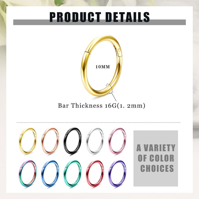 Besteel 10PCS Septum Nose Rings Hoops for Women Men - 16G 316L Surgical Stainless Steel Hinged Clicker Lip Helix Rook Tragus Daith Conch Piercing Jewelry Cartilage Sleeper Earrings Set 10MM - Image 2