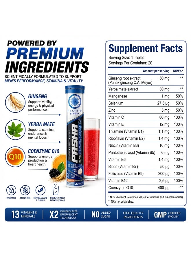 BESHOR Pasha – Multivitamin Effervescent with Ginseng for Men, 20 Tablets, Orange & Berry Flavor, Sugar-Free - Image 2