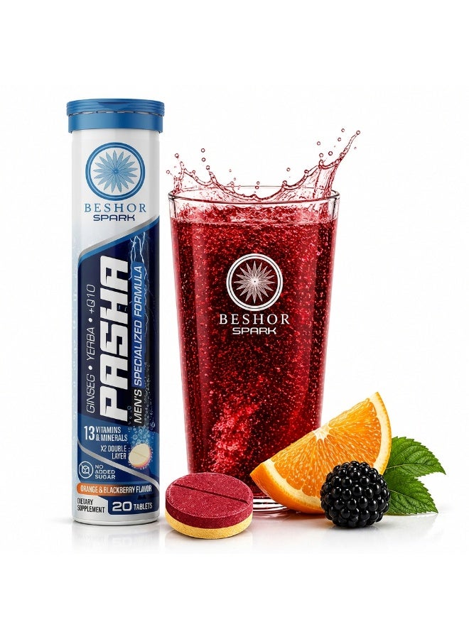 BESHOR Pasha – Multivitamin Effervescent with Ginseng for Men, 20 Tablets, Orange & Berry Flavor, Sugar-Free - Image 1