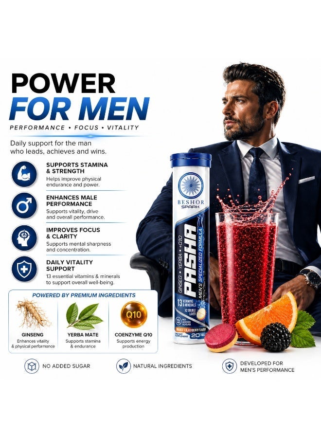 BESHOR Pasha – Multivitamin Effervescent with Ginseng for Men, 20 Tablets, Orange & Berry Flavor, Sugar-Free - Image 3