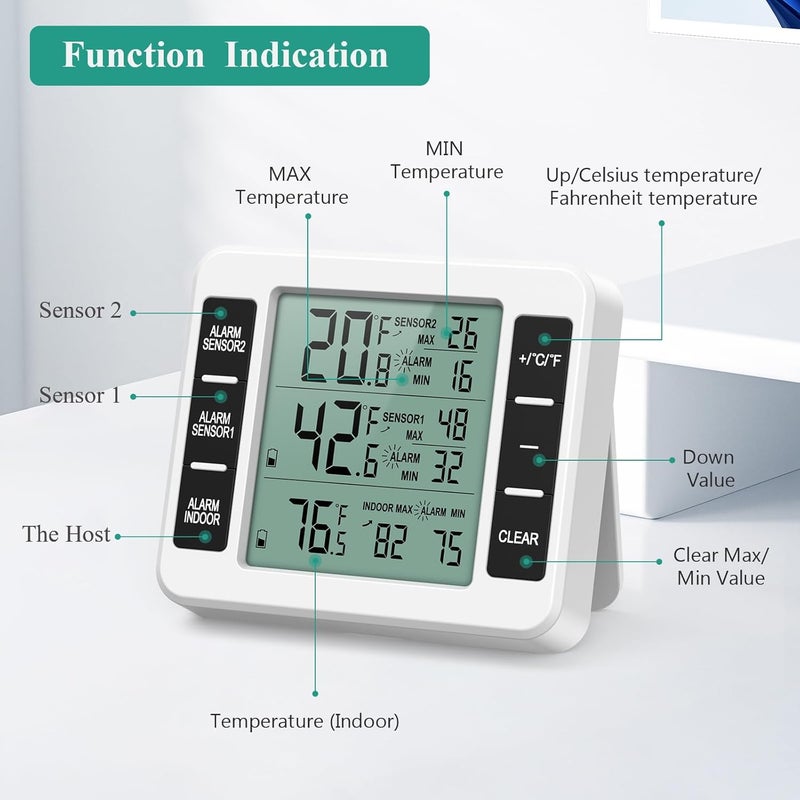 ORIA Refrigerator Thermometer, Wireless Digital Freezer Thermometer with 2 Sensors, Indoor Outdoor Thermometer, Audible Alarm, Min and Max Display, LCD Display for Home, Restaurants - Image 5