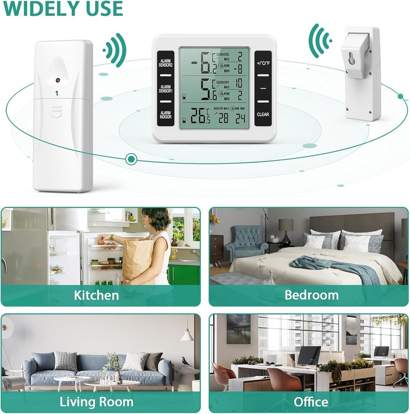 ORIA Refrigerator Thermometer, Wireless Digital Freezer Thermometer with 2 Sensors, Indoor Outdoor Thermometer, Audible Alarm, Min and Max Display, LCD Display for Home, Restaurants - Image 4