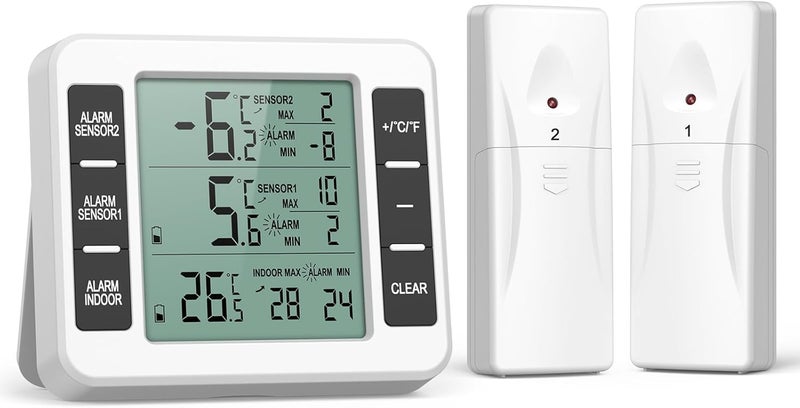 ORIA Refrigerator Thermometer, Wireless Digital Freezer Thermometer with 2 Sensors, Indoor Outdoor Thermometer, Audible Alarm, Min and Max Display, LCD Display for Home, Restaurants - Image 1