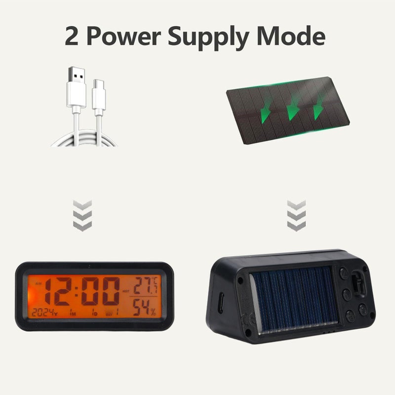 Car Digital Clock With Solar Panel Type C Charging Temperature And Humidity Display Small Dashboard Clock - Image 4