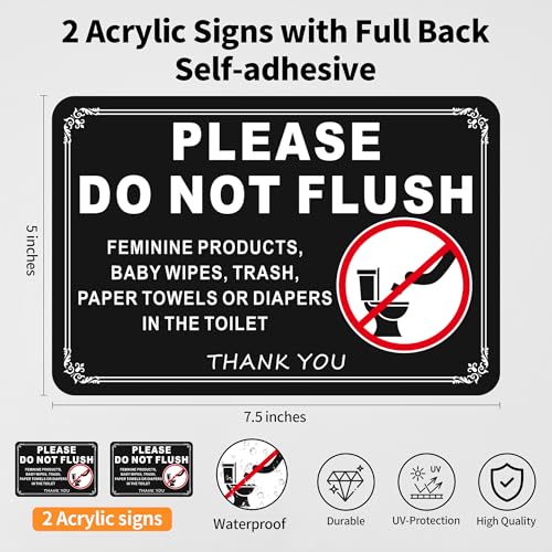 Frohllia (2 Pack) Do Not Flush Sign - 7.5x5 Inches Acrylic Bathroom Rules Sign with Strong Self-Adhesive, No Drilling Needed - Ideal for Restrooms, Toilets, Public Washrooms, Hotels & Home Use (Black) - Image 2