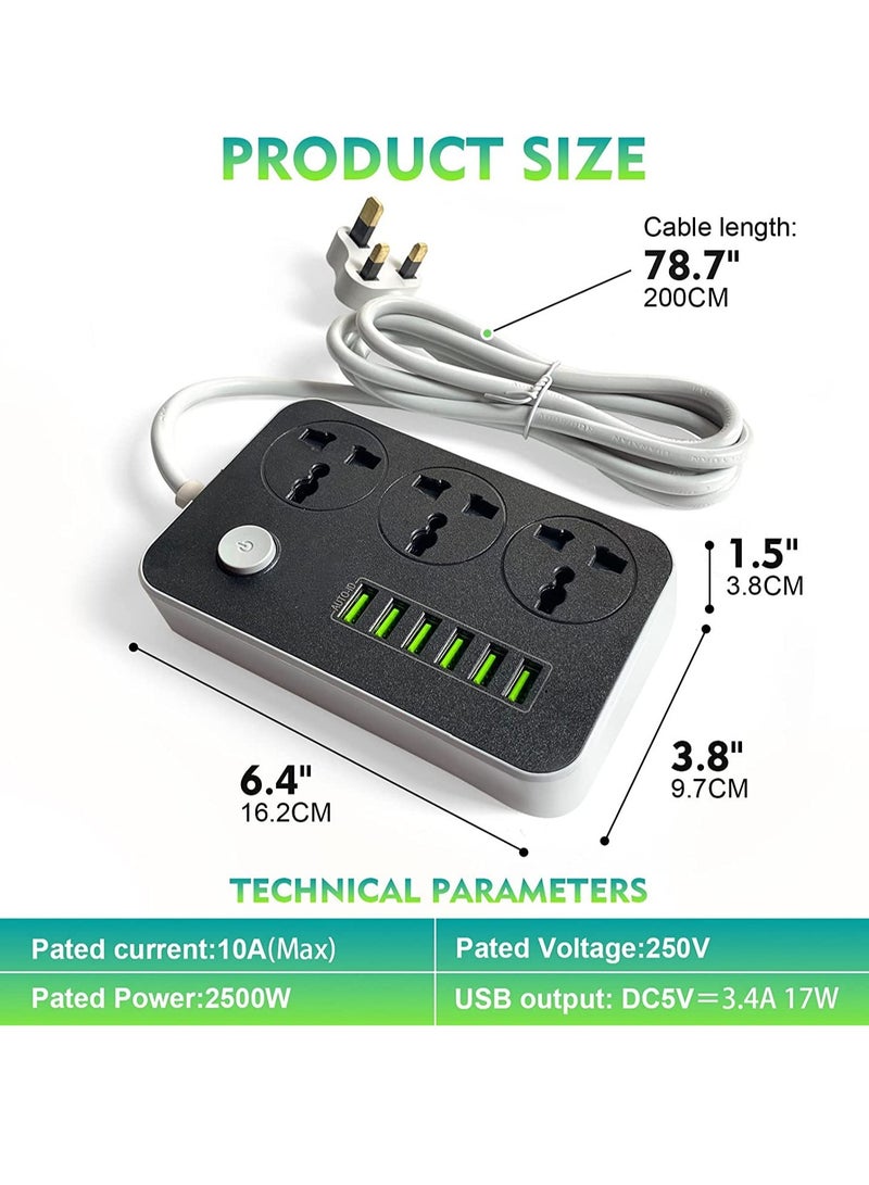 Power Strips Extension Cord 3 Outlets, Power Socket with 6 USB Ports Universal Charging Socket with 2M Bold Extension Cord - Image 3
