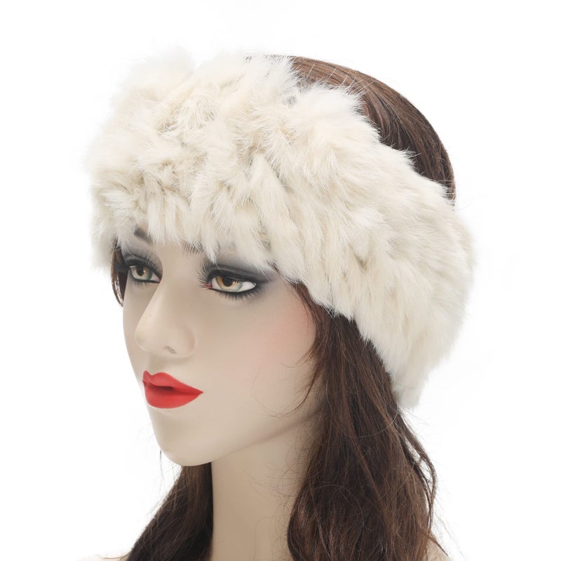 ZLYC Women Rabbit Fur Headband Cold Weather Hair Band Stretchy Winter Earwarmer Earmuffs (Solid Beige) - Image 2
