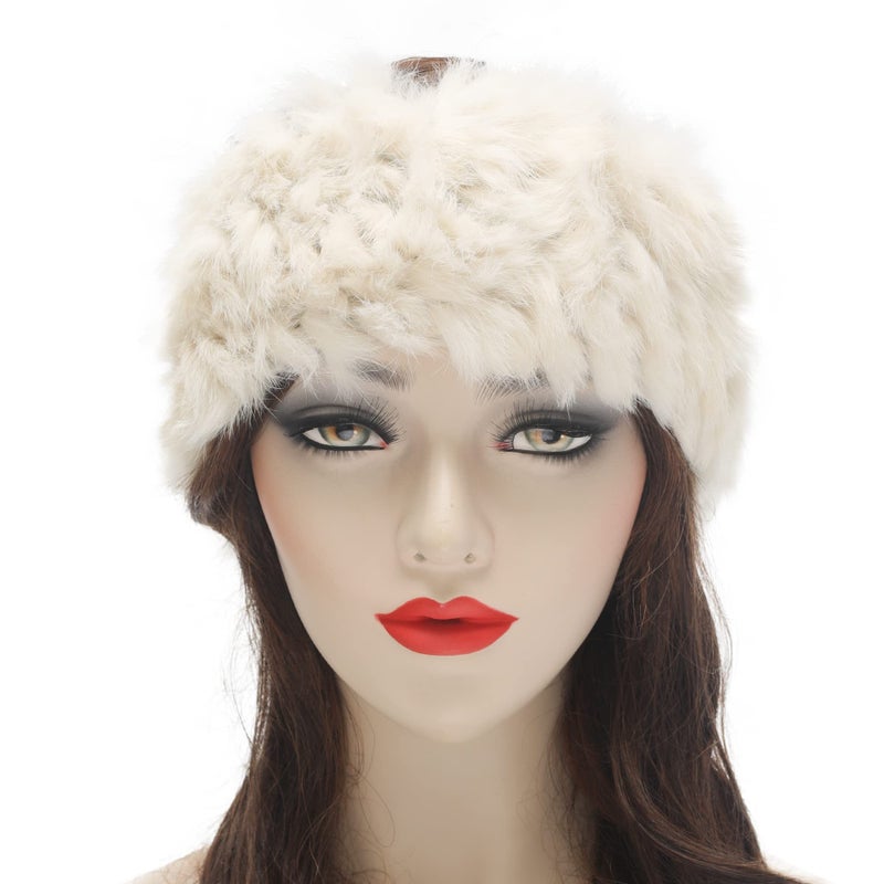 ZLYC Women Rabbit Fur Headband Cold Weather Hair Band Stretchy Winter Earwarmer Earmuffs (Solid Beige) - Image 3