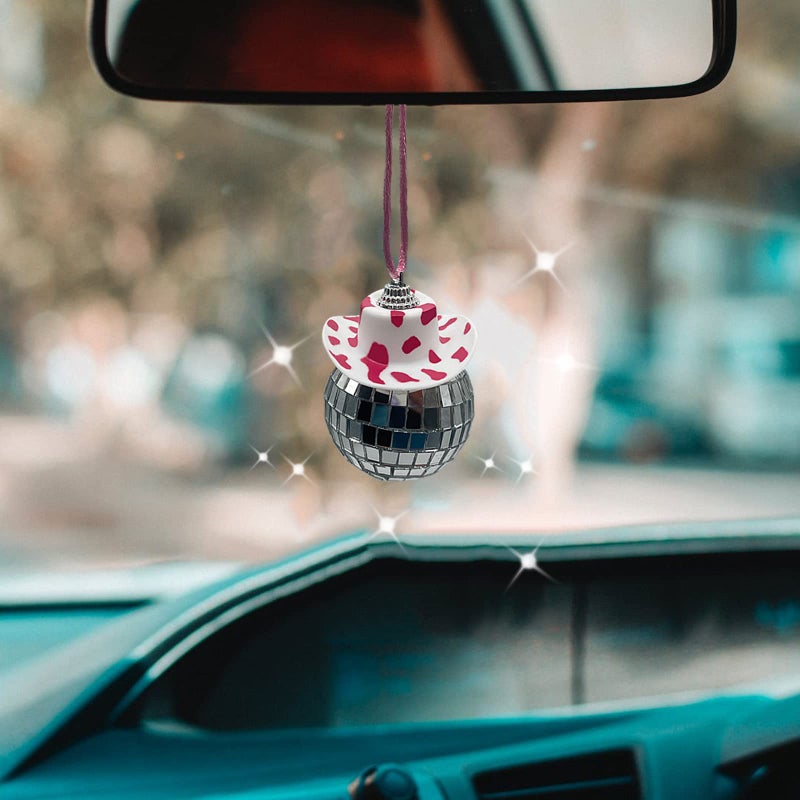 spansee Pink Cow Print Car Accessories Disco Ball Car Mirror Ornament Disco Ball for Car Disco Ball Car Accessory Car Disco Ball for Rear View Mirror Cute Car Accessories for Women - Image 3