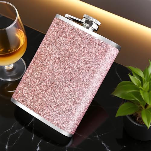 DRINKMALL زجاجة وردية للسيدات 8 أونص - زجاجة جيب مزينة باللمعان مع قمع، من الفولاذ المقاوم للصدأ 18/8 للفودكا والويسكي - Image 5