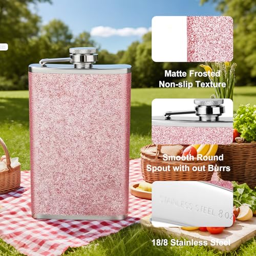 DRINKMALL زجاجة وردية للسيدات 8 أونص - زجاجة جيب مزينة باللمعان مع قمع، من الفولاذ المقاوم للصدأ 18/8 للفودكا والويسكي - Image 2