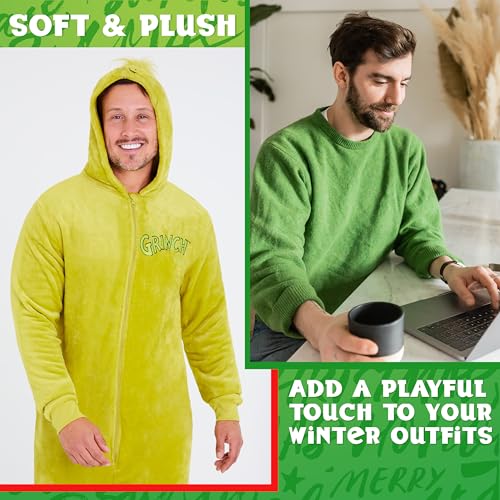 The Grinch Mens One-Piece Pajamas with Fleece Hood Cozy Loungewear - Gift for Men (Green, S) - Image 5