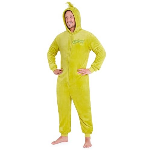 The Grinch Mens One-Piece Pajamas with Fleece Hood Cozy Loungewear - Gift for Men (Green, S) - Image 1