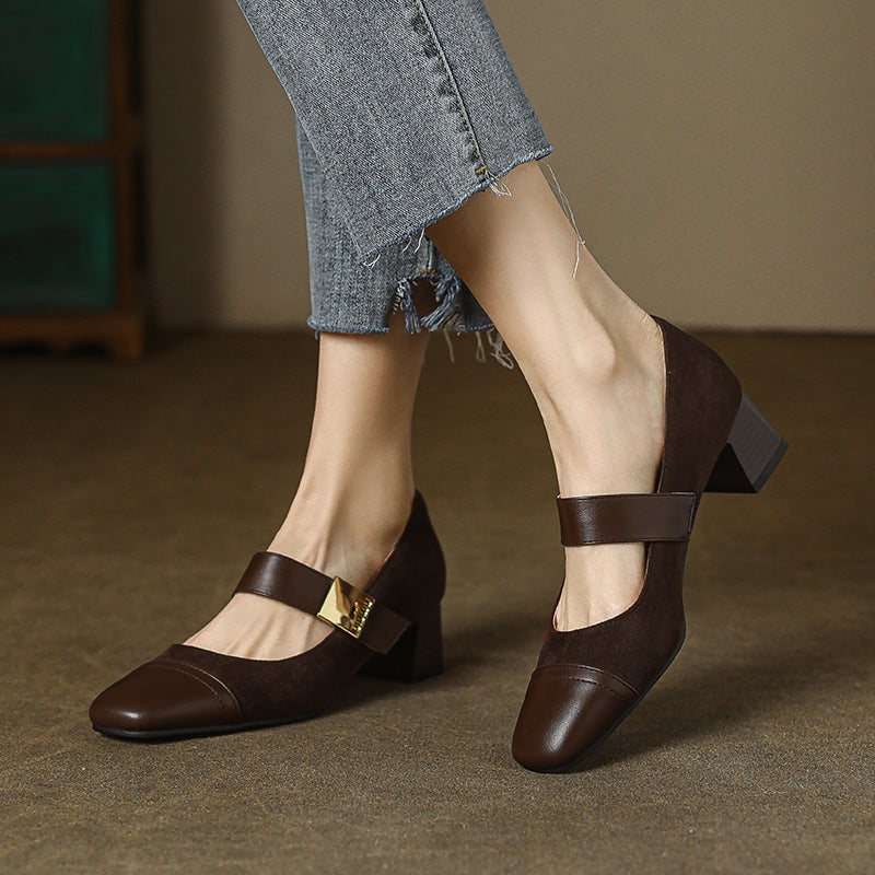 Spring 2024 Wish Retro Mid-Heel Women'S Shoes 31-43 Square Solid Color Stitching Mary Jane Single Shoes - Image 4