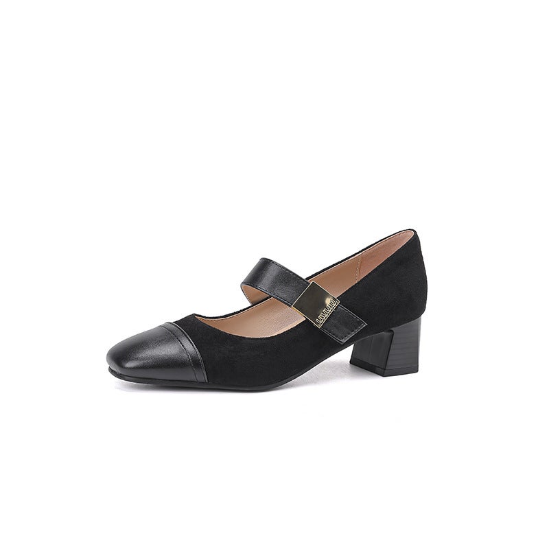 Spring 2024 Wish Retro Mid-Heel Women'S Shoes 31-43 Square Solid Color Stitching Mary Jane Single Shoes - Image 1