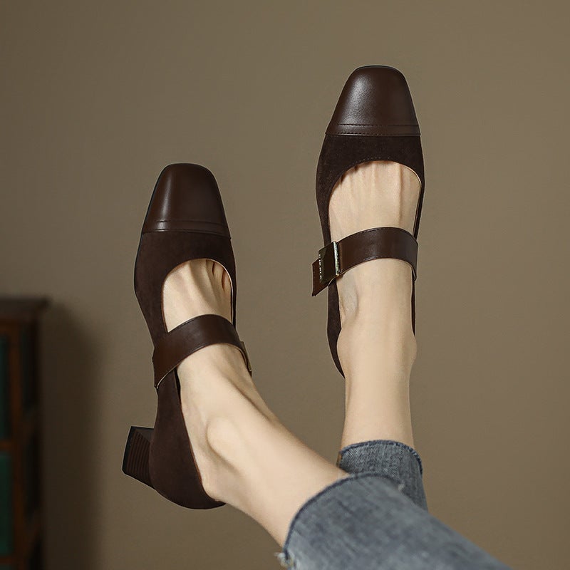 Spring 2024 Wish Retro Mid-Heel Women'S Shoes 31-43 Square Solid Color Stitching Mary Jane Single Shoes - Image 5